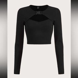 SHEIN Black Long Sleeve Crop Top with Cut Out and Buckle